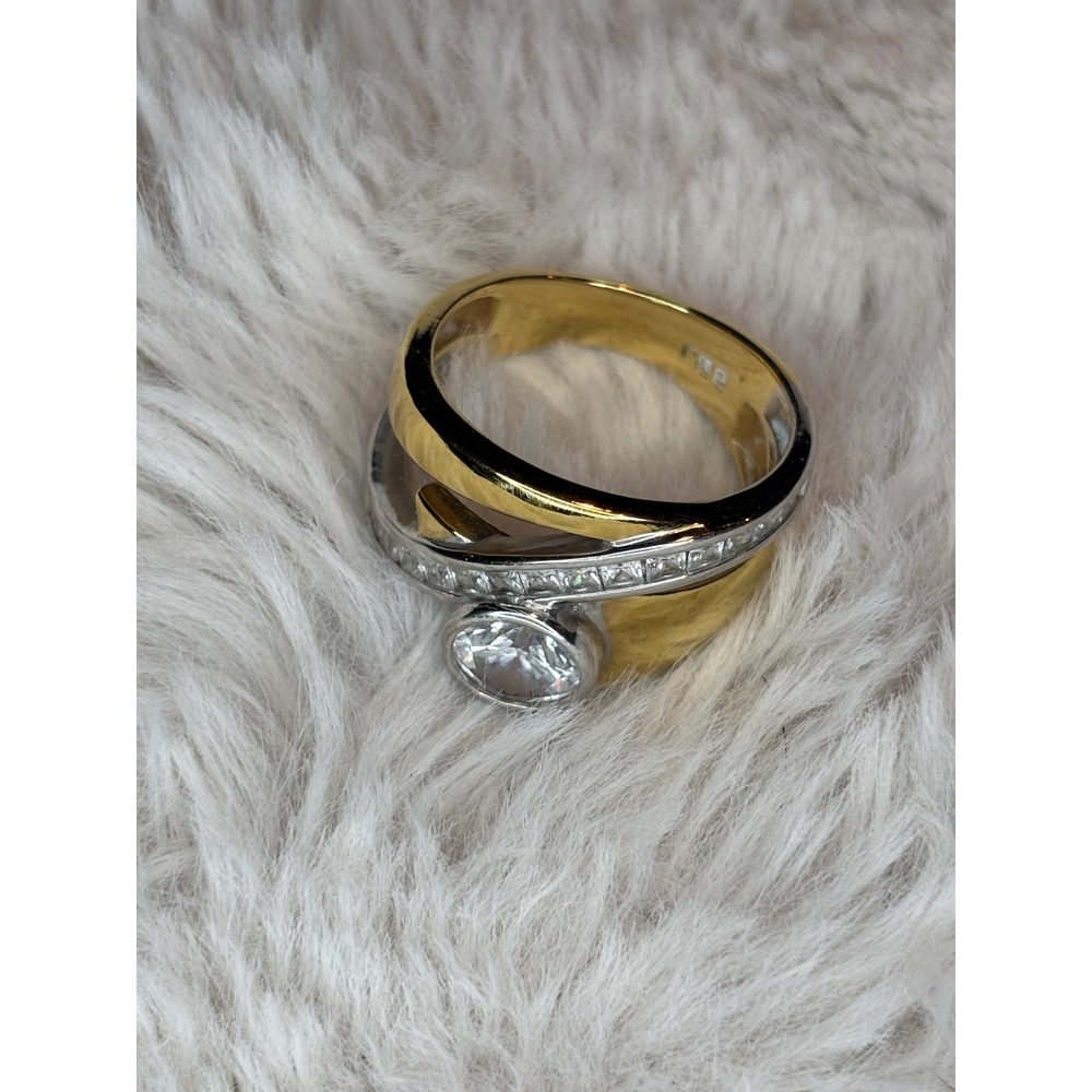 BBJ Two Tone Crossover Ring Gold Silver Tone Bezel Cubic Zirconia Statement